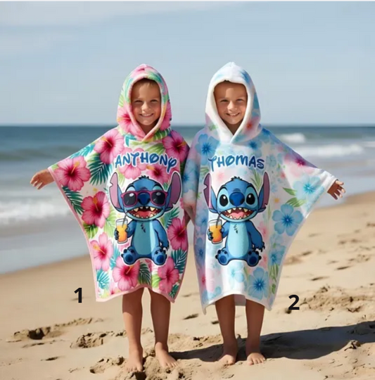Personalized Stitch Hooded Towel, Custom Disney Kids Beach Towel, Tropical Summer Hooded Towel, Cute Cartoon Beach Pool Gift