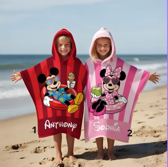 Personalized Mickey Minnie Hooded Towel, Custom Disney Kids Beach Towel, Preppy Aesthetic Hooded Towel, Striped Pattern Summer Vacation Gift