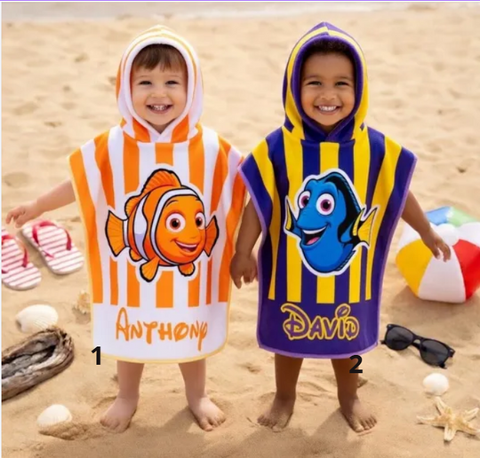 Personalized Nemo Dory Hooded Towel, Custom Disney Preppy Kids Beach Towel, Striped Hooded Towel, Finding Nemo Gift