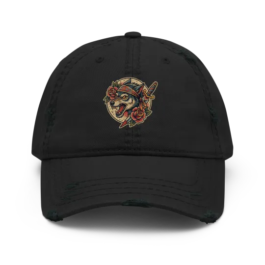 Distressed Dad Hat Wolf Tattoo Style Graphic Cap Vintage Unstructured Adjustable