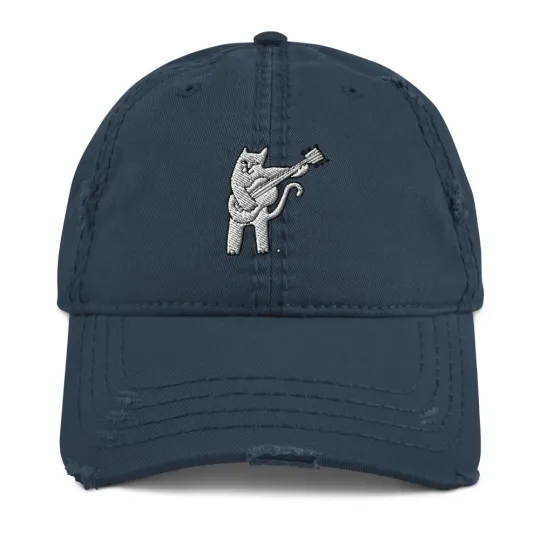Embroidery Guitar Cat Distressed Dad Hat