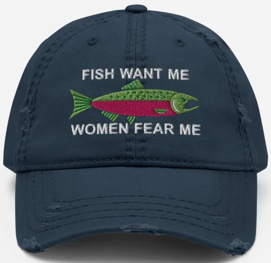 Embroidered Distressed Fishing Cap with Salmon Design for Women
