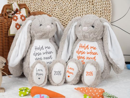 Hold Me Close Worry Bunny Plush, Personalized Stuffed Rabbit with Name, Comfort Toy Keepsake from Mom Grandma, Baby Shower Gift, Easter Gift