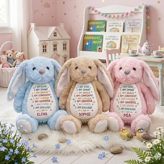 Personalized Affirmation Bunny Plush, Custom Name Positive Gift For Girls