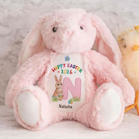 Happy Easter 2026 Personalized Bunny, Custom Name & Initial Stuffed Bunny, Baby Girl Easter Gift, Easter Basket Plush Keepsake