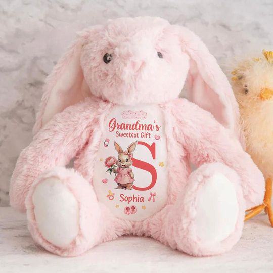 Grandmas Sweetest Gift Personalized Stuffed Bunny, Custom Name Bunny Plush, Granddaughter Gift from Grandma, Baby Girl Plush Toy