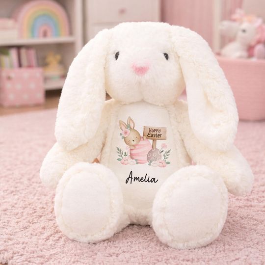 Personalised Easter Bunny Soft Toy  Custom Name Plush Gift for Baby or Child
