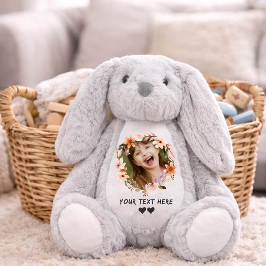Personalized Bunny Plush Toy with Photo  Custom Stuffed Rabbit Keepsake  Baby Shower Gift