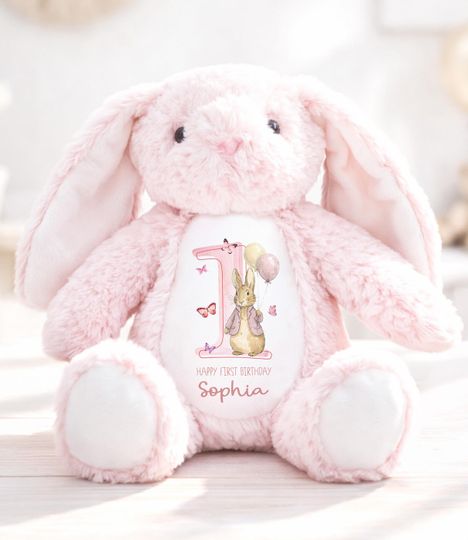 Personalised First Birthday Gift,  1st Birthday Custom Name Bunny Soft Toy Keepsake
