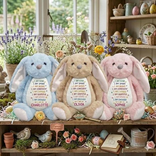 Personalized Easter Bunny Affirmations Soft Toy, Custom Name Rabbit Doll, Kids Positive Gift, Toddler Easter Basket Stuffer