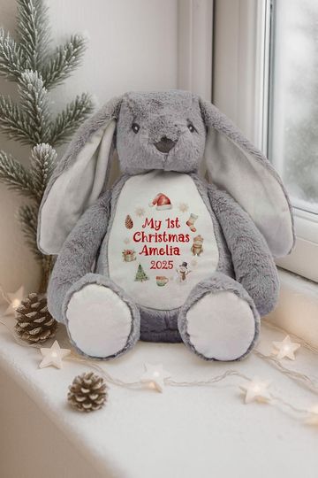 Discover Personalised First Christmas Grey Bunny Rabbit, Baby Christmas Gift, Large Soft Toy Teddy, Custom Cuddly Toy, Baby Stocking Filler, Teddy