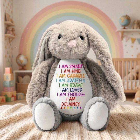 Custom Name Rainbow Affirmation Bunny: Personalized Plush Toy with Positive Message for Kids