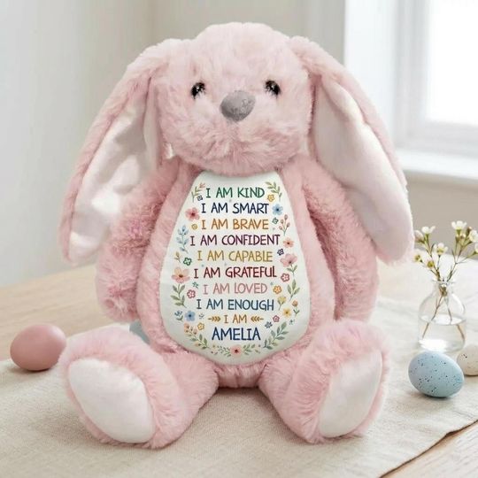Personalized Easter Bunny Plush Toy with Affirmations, Custom Name I Am Kind Smart Brave Stuffed Animal, Kids Positive Gift