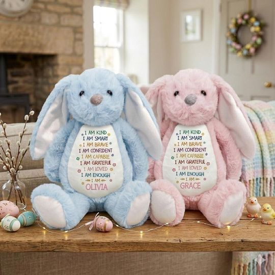 Personalized Easter Bunny Affirmations Soft Toy, Custom Name I Am Kind Smart Brave Plush, Kids Positive Gift, Toddler Easter Basket Stuffer
