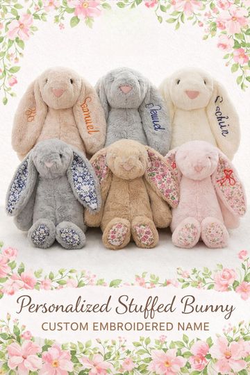Personalized Stuffed Bunny, Custom Embroidered Name, Baby Milestone Plush Toy