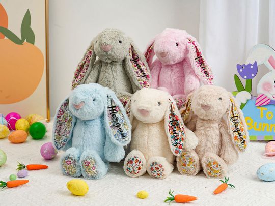 Personalized Plush Bunny, Floral Ears, Embroidered Name, Baby Shower Gift