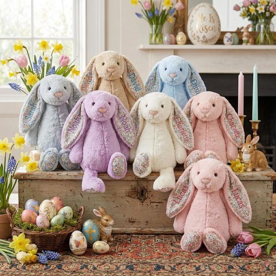 Custom Embroidered Bunny Plush, Personalized Rabbit Stuffed Animal with Floral Fabric, Monogrammed Plushie for Kids, Easter Keepsake Gift
