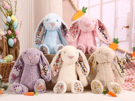 Personalized Embroidered Easter Bunny Plush Toy, Custom Floral Rabbit, Newborn Baby Shower Gift, Flower Girl Present Keepsake