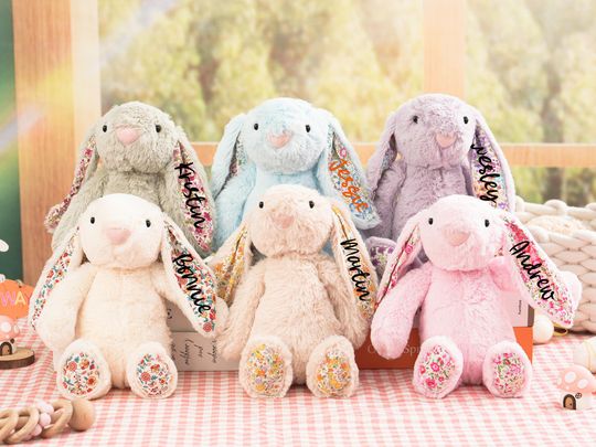 Personalized Easter Plush Bunny, Custom Embroidered Bunny Toy, Newborn Baby Gift, Floral Easter Rabbit, Baby Shower Gift-Flower Girl Present