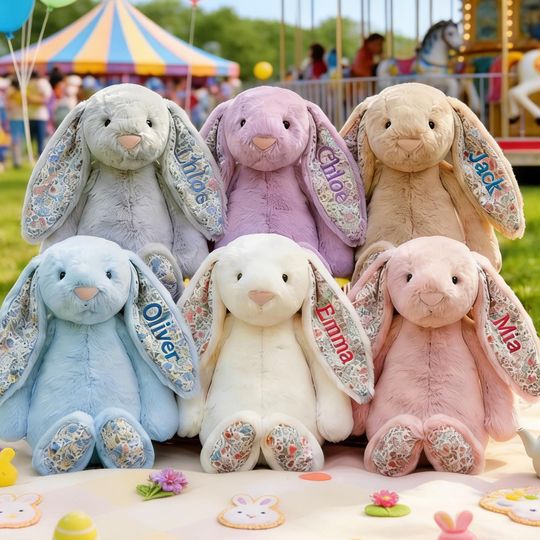 Personalized Floral Bunny Plush | Cottage Style Stuffed Rabbit | Custom Name Bunny | Keepsake Gift