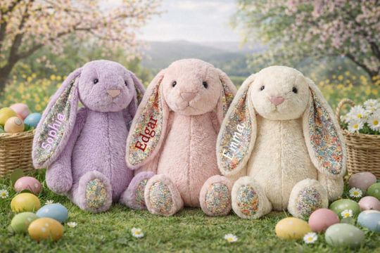 Personalized Floral Bunny Plush, Cottage Style Stuffed Rabbit, Custom Name Bunny, Keepsake Gift