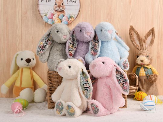 Personalized Easter Floral Ear Bunny, Custom Embroidered Name Rabbit Plush, Stuffed Easter Bunny Gift for Kids