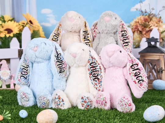 Custom Bunny Rabbit,Personalized Monogrammed Bunny,Floral Ears Bunny,Soft Plush Toy,Baby Shower Gift,Flower Girl Gift,Easter Gift for Baby