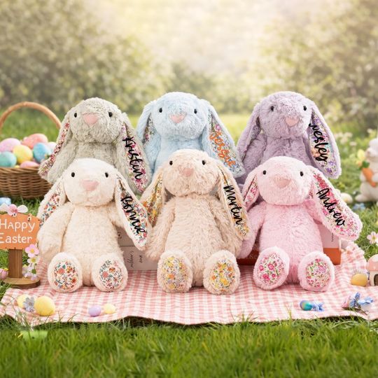 Personalized Easter Plush Bunny, Custom Embroidered Bunny Toy, Newborn Baby Gift, Floral Easter Rabbit, Plush Bunnyr Flower Gift