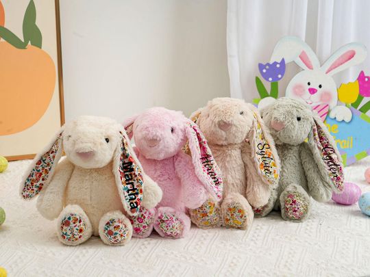 Personalized Floral Plush Bunny, Embroidered Name, Baby Shower Gift