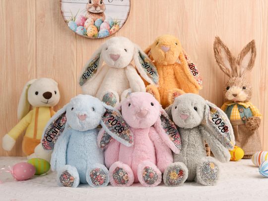 Easter Floral Ear Stuffed Bunny, Custom Name Embroidered Rabbit Plush, Spring Easter Gift for Toddlers & Babies