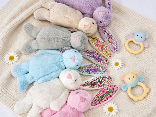 Personalized Floral Ear Bunny, Embroidered Name Bunny, Custom Plush Rabbit, Easter Gift, Baby Shower Gift, Nursery Decor, Newborn Gift