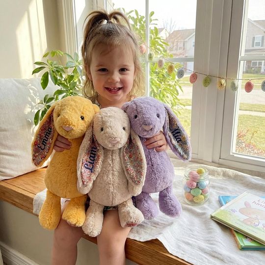Personalized C Bunny Plush Toy, Embroidered Name Floral Rabbit, Soft Comfort Bunny Gift for Girls, Soft Nordic Style Bunny, Easter Gift
