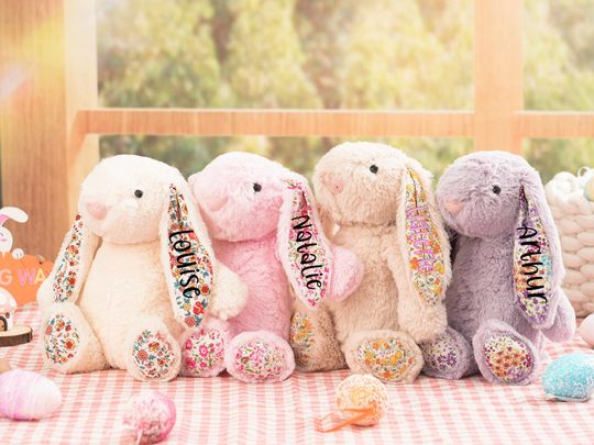 Personalized Easter Plush Bunny, Custom Embroidered Bunny Toy, Newborn Baby Gift, Floral Easter Rabbit, Baby Shower Gift-Flower Girl Present