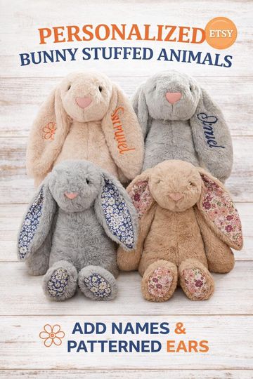 Easter Personalized Bunny Plush - Custom Name Floral Ear Stuffed Animal for Kids