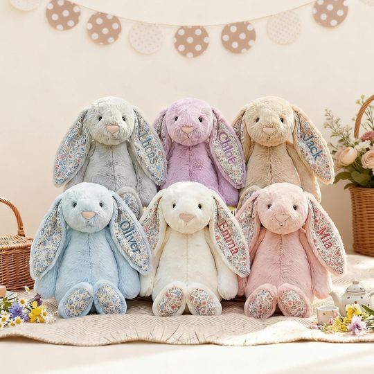 Embroidery Floral Plush Bunny |Custom Name Bunny For Baby | Cottage Style Stuffed Rabbit | Newborn Gift | Flower Girl Gift| Baby Shower Gift