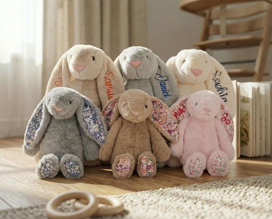 Embroidered Bunny Stuffed Animal | Cute Plush Rabbit Doll | Flower Girl Gift for Toddler | Wedding Party Favor | Custom Easter Toys