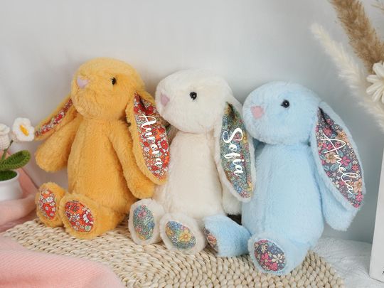 Personalized Floral Ear Bunny: Embroidered Plush Toy, Flower Girl Gift