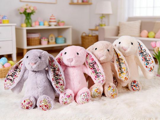 Personalized Easter Bunny Embroidered Bunny Rabbit Floral Stuffed Rabbit Custom Name Bunny New Baby Gift Easter Gift for Kids Girls Boys