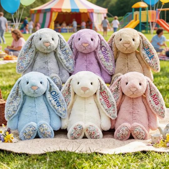 Personalized Floral Bunny Plush | Cottage Style Stuffed Rabbit | Custom Name Bunny | Keepsake Gift