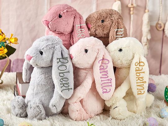 Embroidered Easter Name Bunny: Personalized Plush Rabbit Toy, Flower Girl Gift