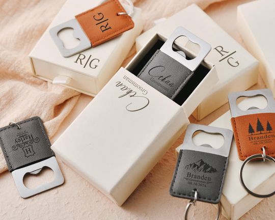 Personalized leather keychain bottle opener with custom engraving, ideal gift for men and partygoers