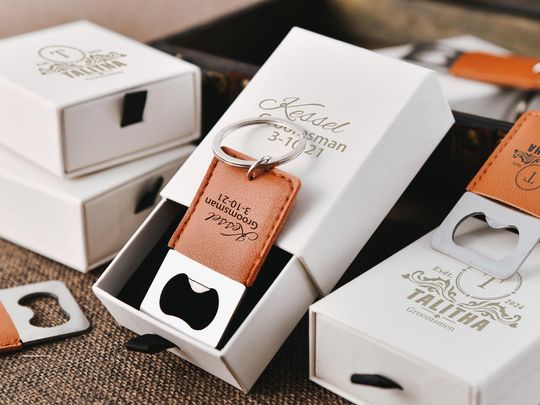 Custom leather keychain bottle opener - an elegant and practical gift for the best man or groomsmen - a stylish accessory for any occasion