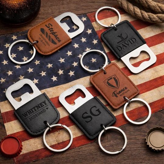 Custom Leather Bottle Opener Keychain, Personalized Engraved Beer Opener, Groomsmen Gift, Logo Keyring, Faux Leather Barware Accessory