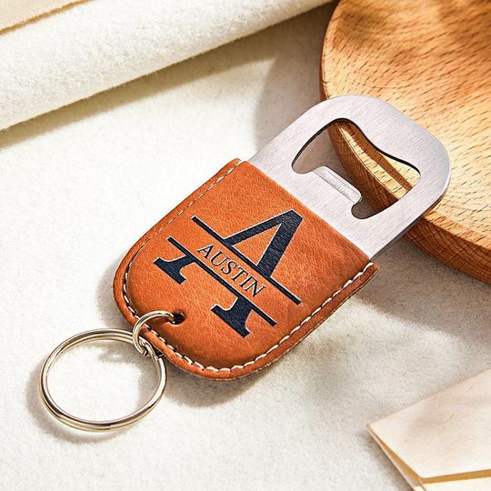 Personalized Engraved Leather Keychain Bottle Opener, Custom Fathers Day Gifts, Custom Leather Bottle Opener Keychain Gift for Dad, Dad Gift