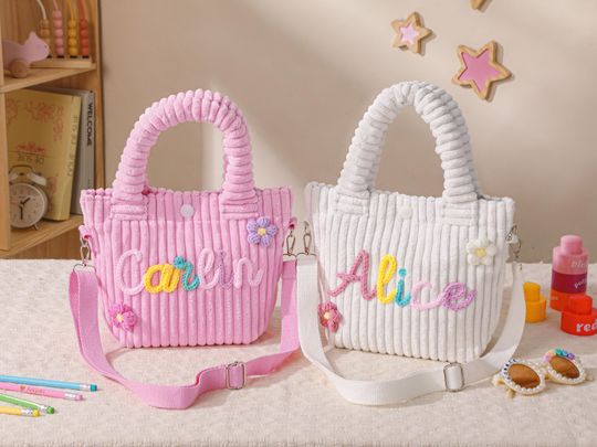 Personalized Corduroy Kids Bag, Custom Name Tote Handbag, Custom Children's Gift, Removable Satin Strap, Name Crossbody Bag,Baby Shower Gift