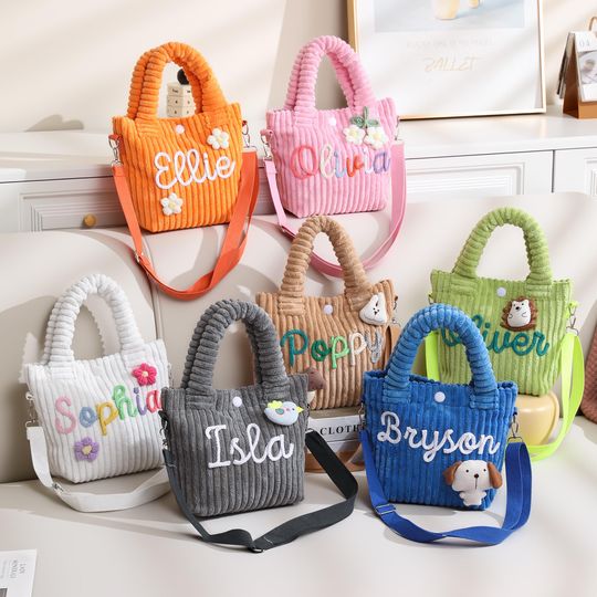 Personalized Toddler First Purse, Custom Name Corduroy Handbag with Animal or Flower, Small Kids Tote for Preschool