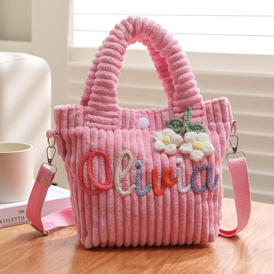 Personalized Corduroy Name Crossbody Bag, Custom Children Travel Bag, Flower girl gift, preschool and birthday present