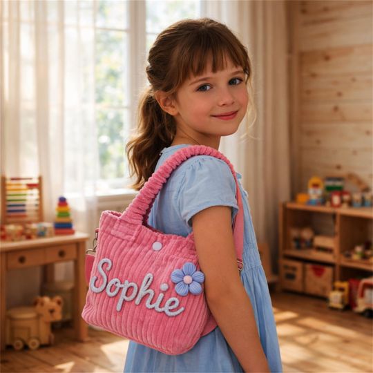 Personalized Toddler Crossbody Bag, Custom Corduroy Purse for Daycare & Baby Travel, Unique Flower Girl Gift