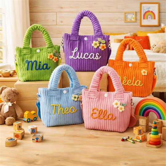 Custom Toddler Crossbody Bag, Corduroy Purse for Preschool, Personalized Baby Travel Bag & Flower Girl Gift