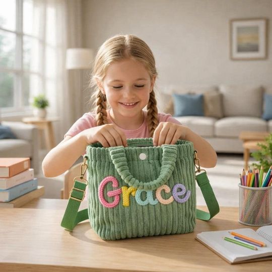 Custom Name Kids Corduroy Bag, Personalized Toddler Purse, Cute Bucket Crossbody Bag, Preschool Bag, Girl Birthday Gift